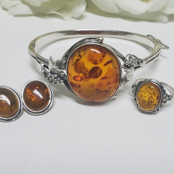 Antique Amber Jewelry set in 925 Silver - Picture 3 of 11